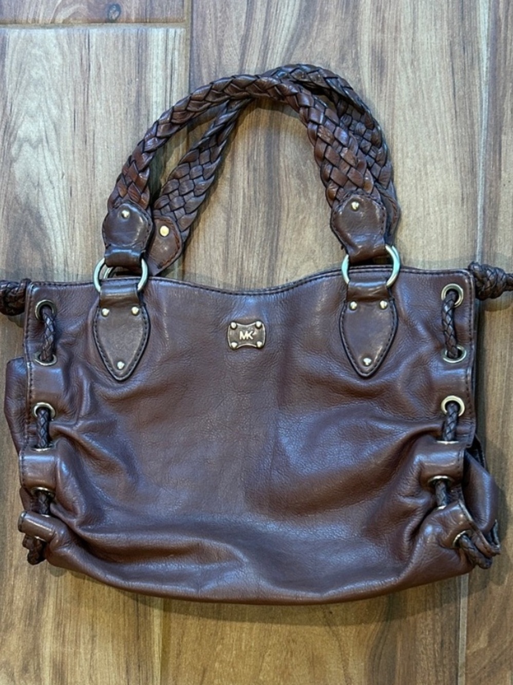 Michael Kors Woodside Satchel Leather Tote Bag Large Brown Gold Hardware